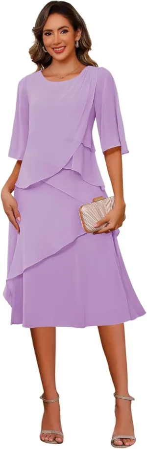 Miao Duo Elegant Flutter Half Sleeve Scoop Neck Tea Length Mother of Bride Dresses Ruffle A Line Chiffon Formal Evening Gown Short for Women Dusty Purple 12