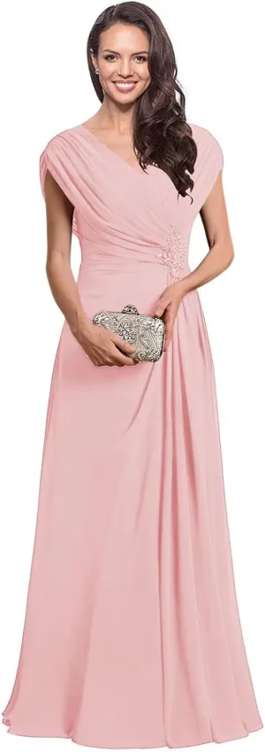 Miao Duo Women's Cap Sleeves Mother of The Bride Dress 2025 Chiffon Long Ruched A Line Formal Dresses YZTS122