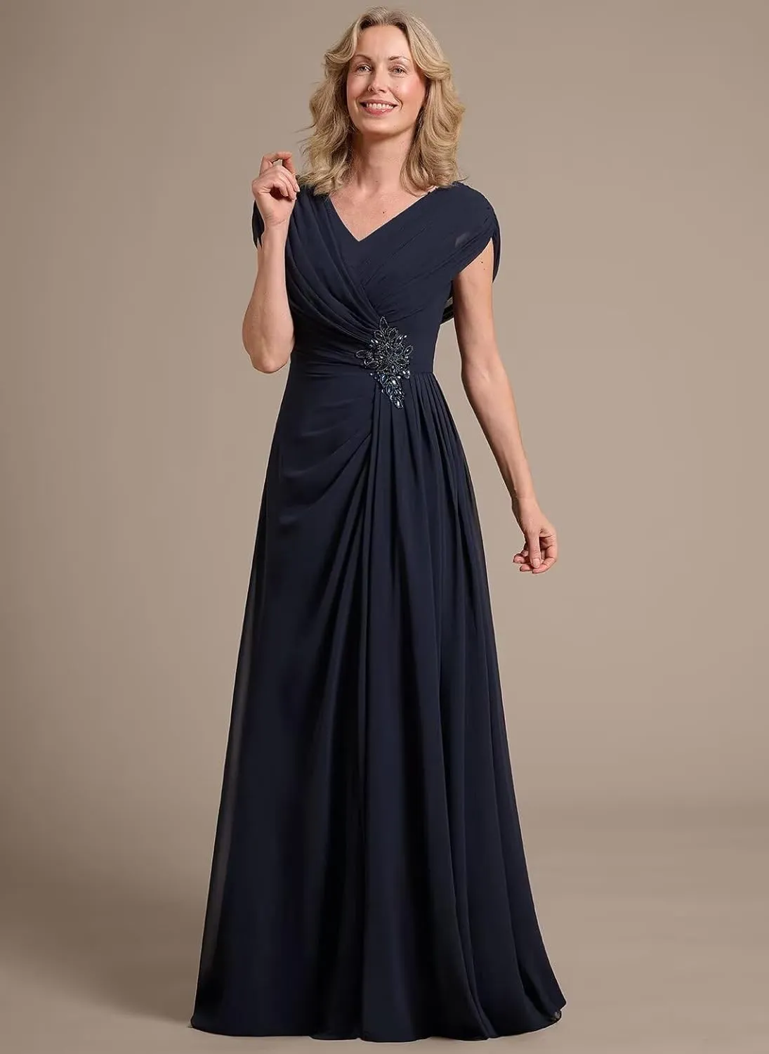 Miao Duo Women's Cap Sleeves Mother of The Bride Dress 2025 Chiffon Long Ruched A Line Formal Dresses YZTS122
