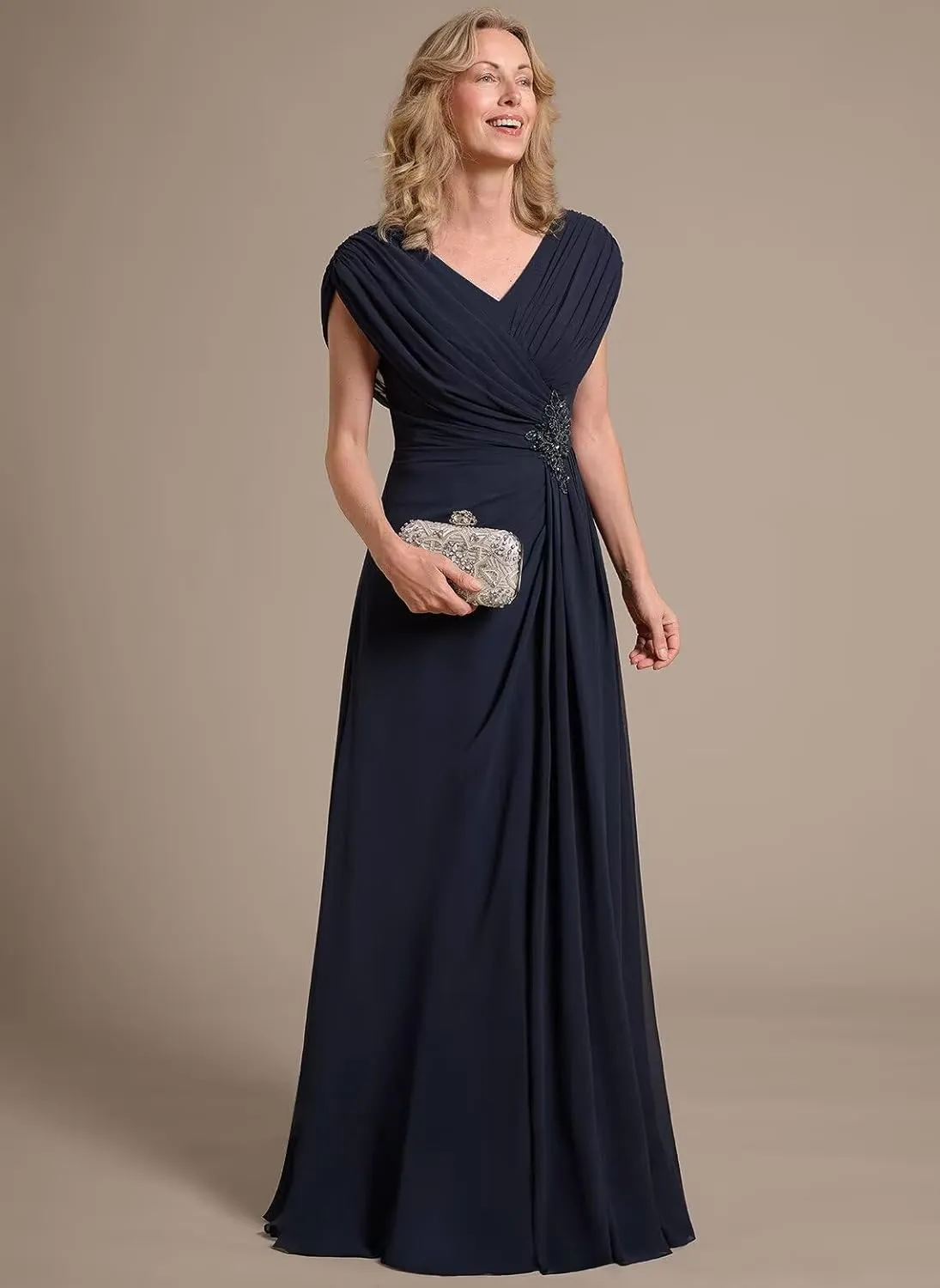 Miao Duo Women's Cap Sleeves Mother of The Bride Dress 2025 Chiffon Long Ruched A Line Formal Dresses YZTS122