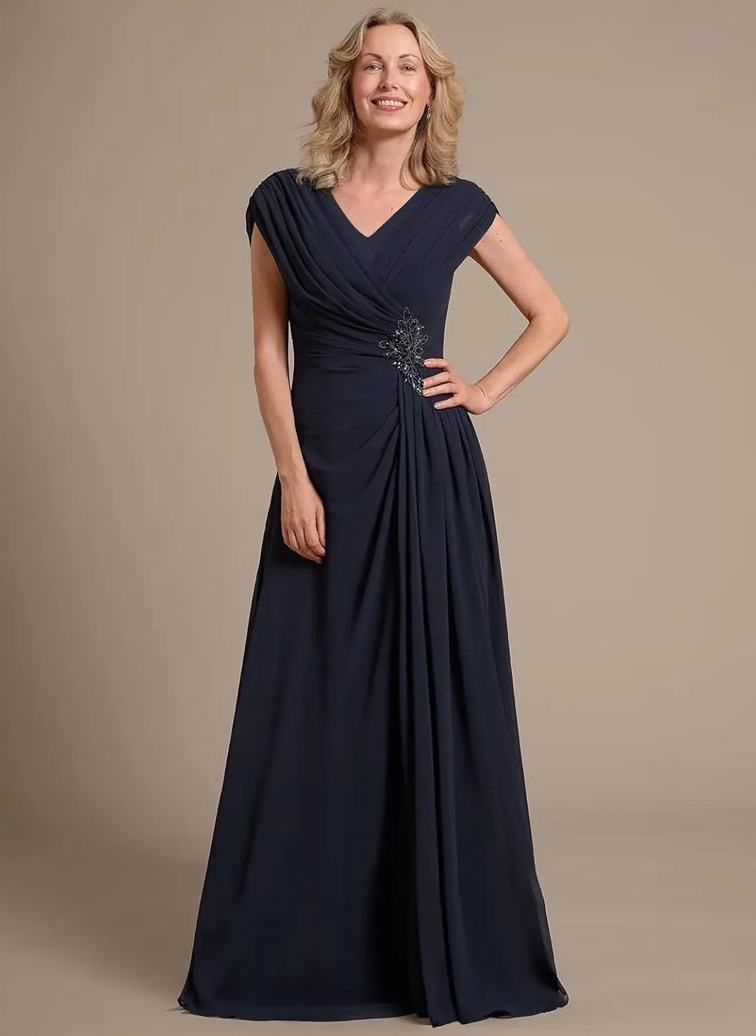Miao Duo Women's Cap Sleeves Mother of The Bride Dress 2025 Chiffon Long Ruched A Line Formal Dresses YZTS122
