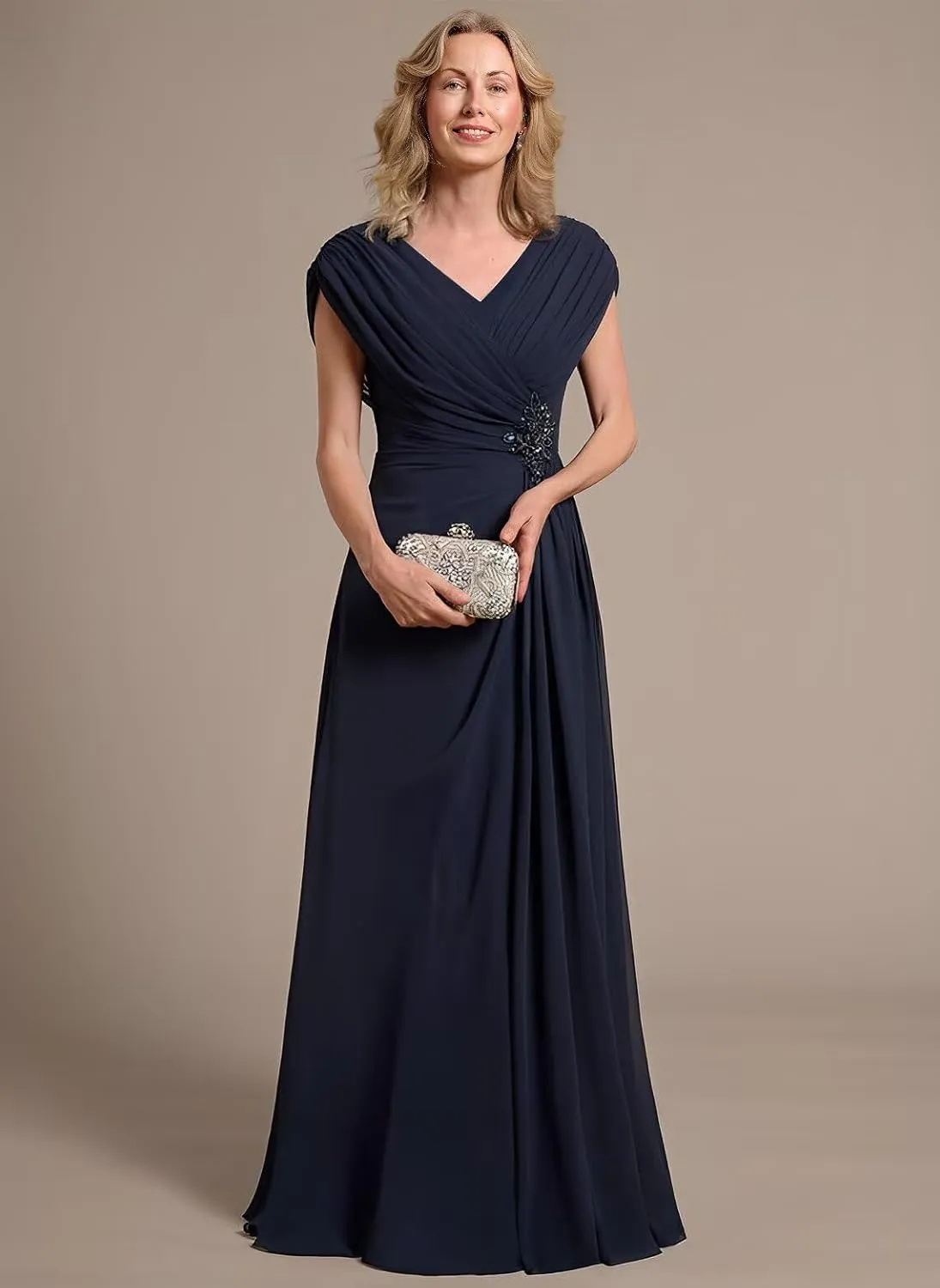 Miao Duo Women's Cap Sleeves Mother of The Bride Dress 2025 Chiffon Long Ruched A Line Formal Dresses YZTS122