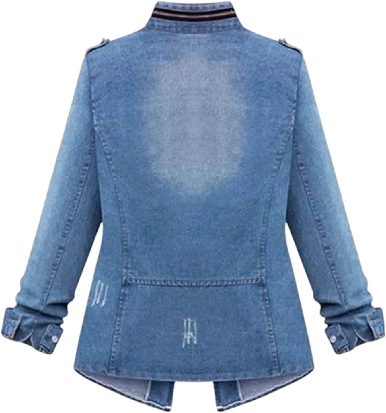 Military Style Denim Jacket, Distressed Detail, Multi-Pocket Design with Zip Front, Elastic Waist, Light Blue