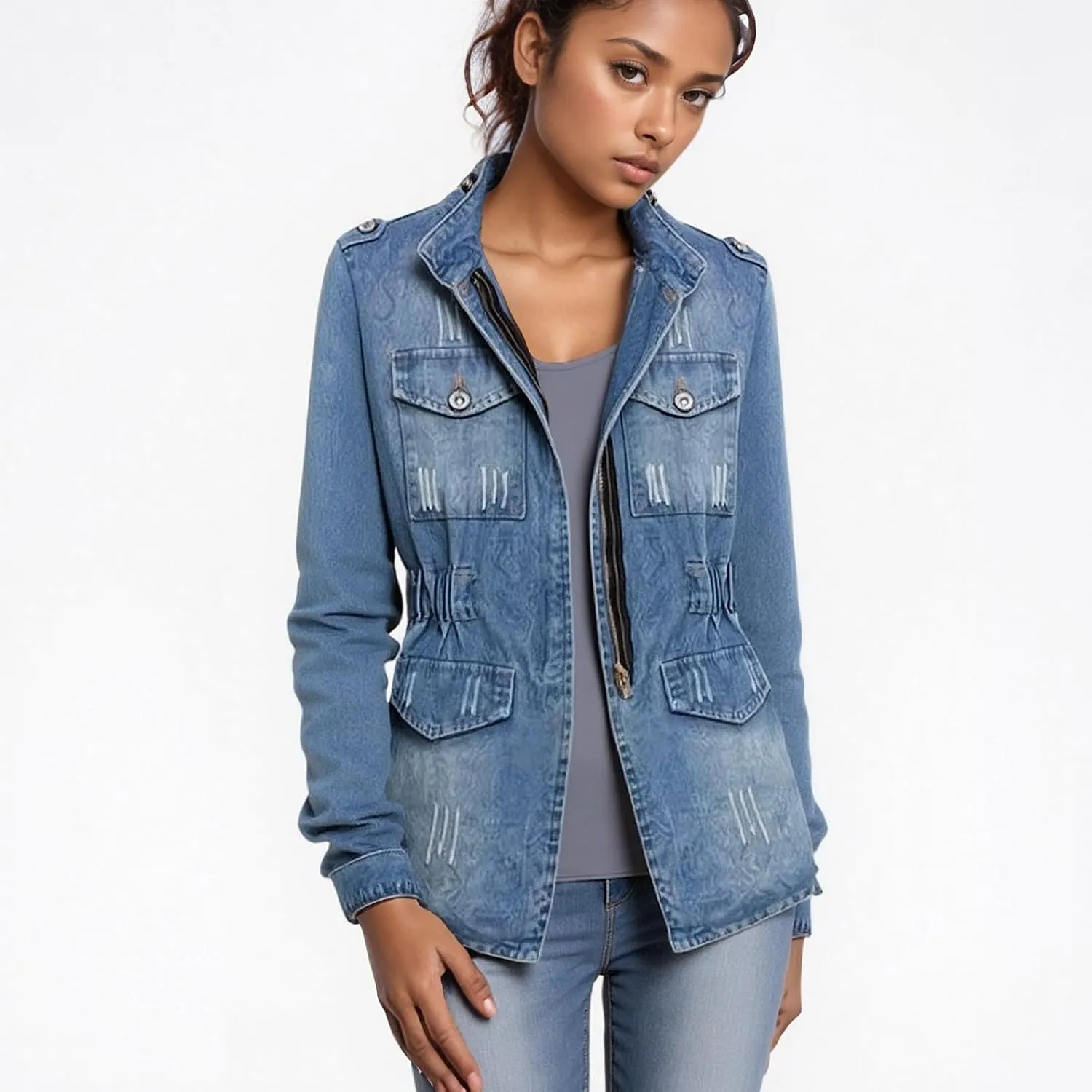 Military Style Denim Jacket, Distressed Detail, Multi-Pocket Design with Zip Front, Elastic Waist, Light Blue