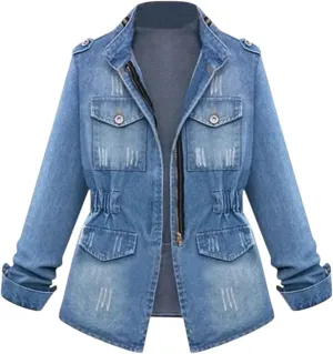 Military Style Denim Jacket, Distressed Detail, Multi-Pocket Design with Zip Front, Elastic Waist, Light Blue