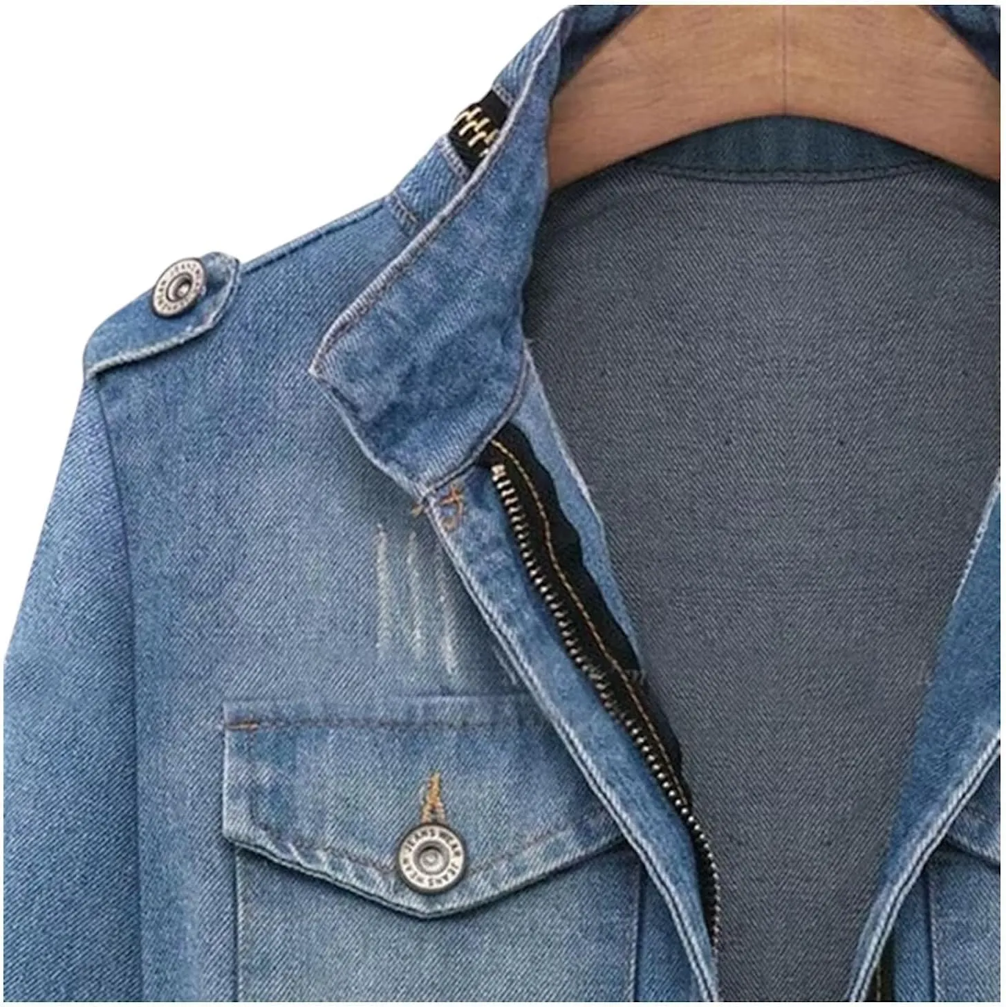Military Style Denim Jacket, Distressed Detail, Multi-Pocket Design with Zip Front, Elastic Waist, Light Blue