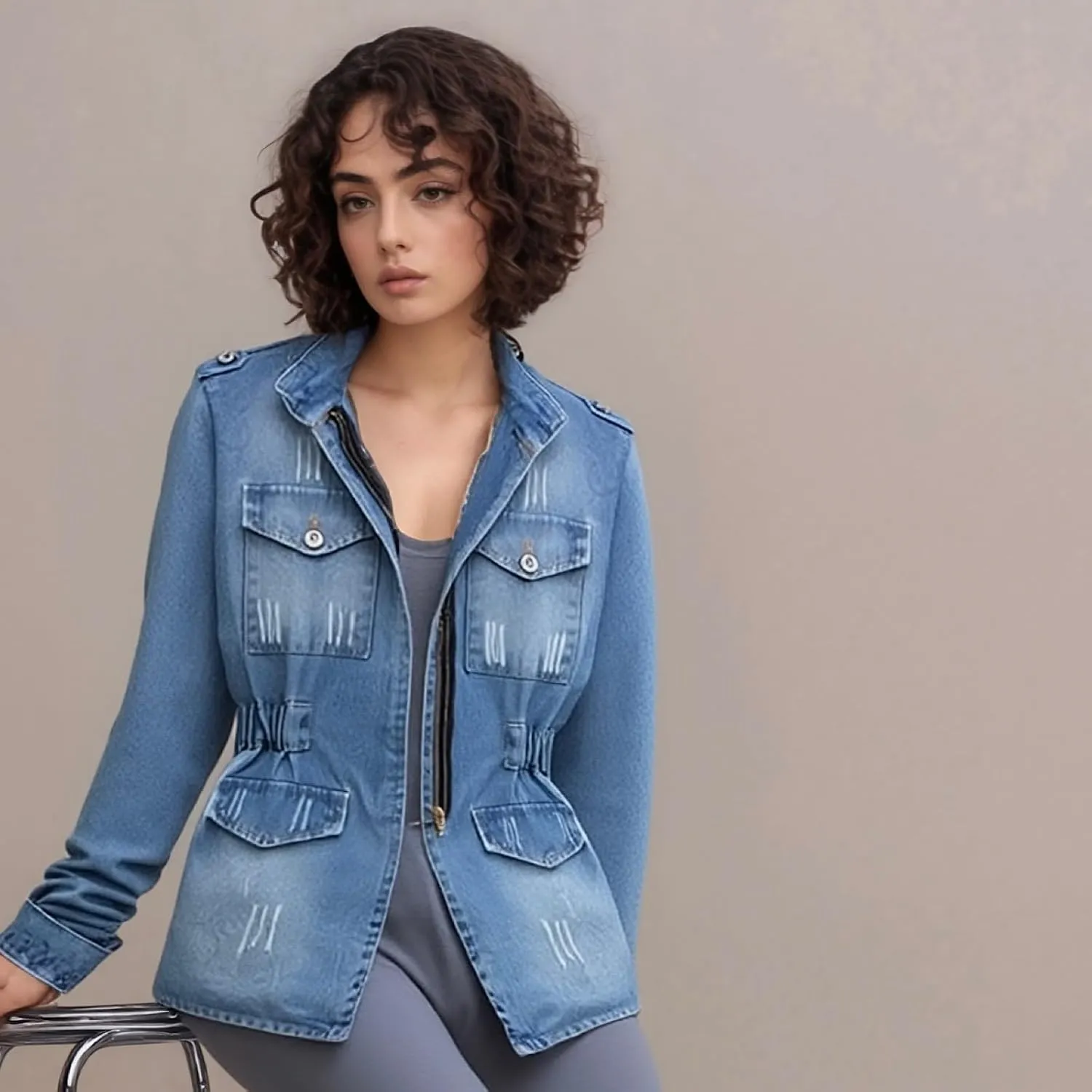 Military Style Denim Jacket, Distressed Detail, Multi-Pocket Design with Zip Front, Elastic Waist, Light Blue