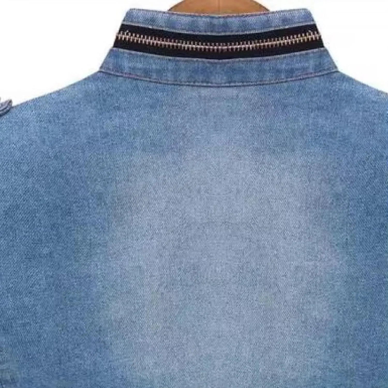 Military Style Denim Jacket, Distressed Detail, Multi-Pocket Design with Zip Front, Elastic Waist, Light Blue