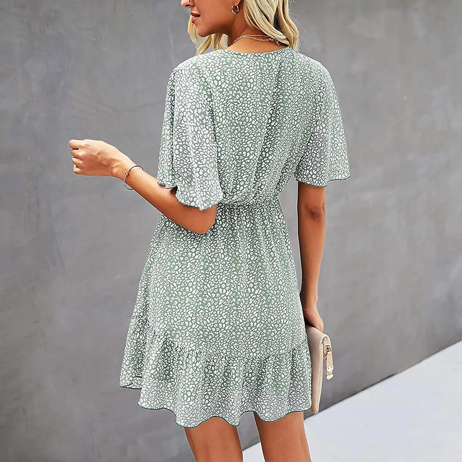 MINGXIN Women's Casual Mini Dress Ruffle Floral Print Relaxed Fit Swing Dress Short Sleeve V Neck Belt Beach Party Dress
