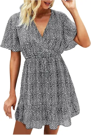 MINGXIN Women's Casual Mini Dress Ruffle Floral Print Relaxed Fit Swing Dress Short Sleeve V Neck Belt Beach Party Dress