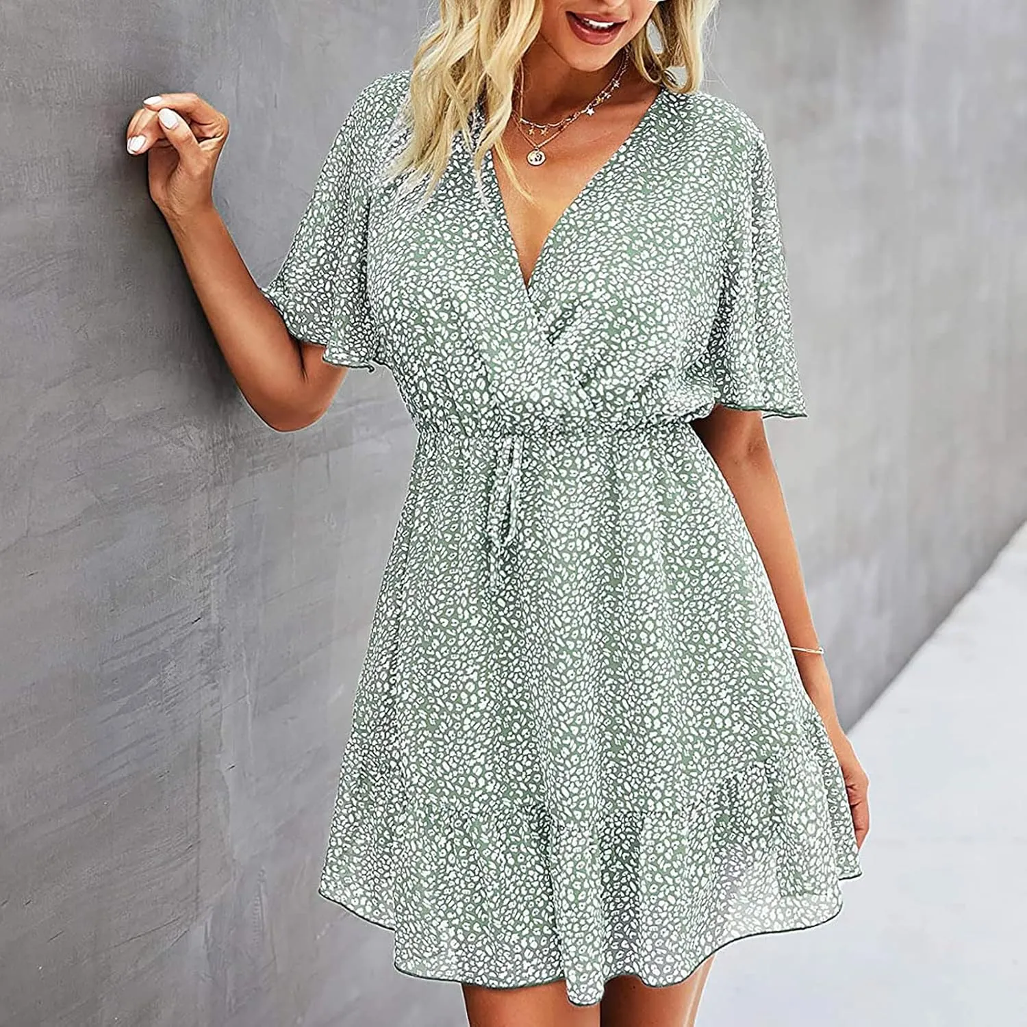 MINGXIN Women's Casual Mini Dress Ruffle Floral Print Relaxed Fit Swing Dress Short Sleeve V Neck Belt Beach Party Dress