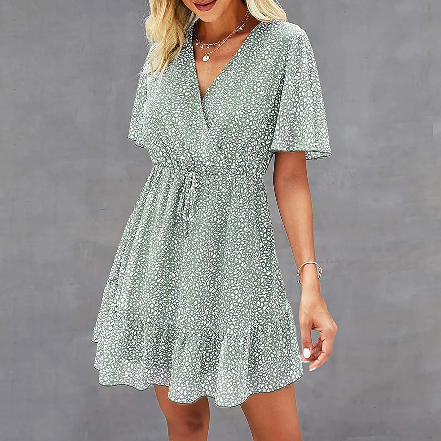 MINGXIN Women's Casual Mini Dress Ruffle Floral Print Relaxed Fit Swing Dress Short Sleeve V Neck Belt Beach Party Dress