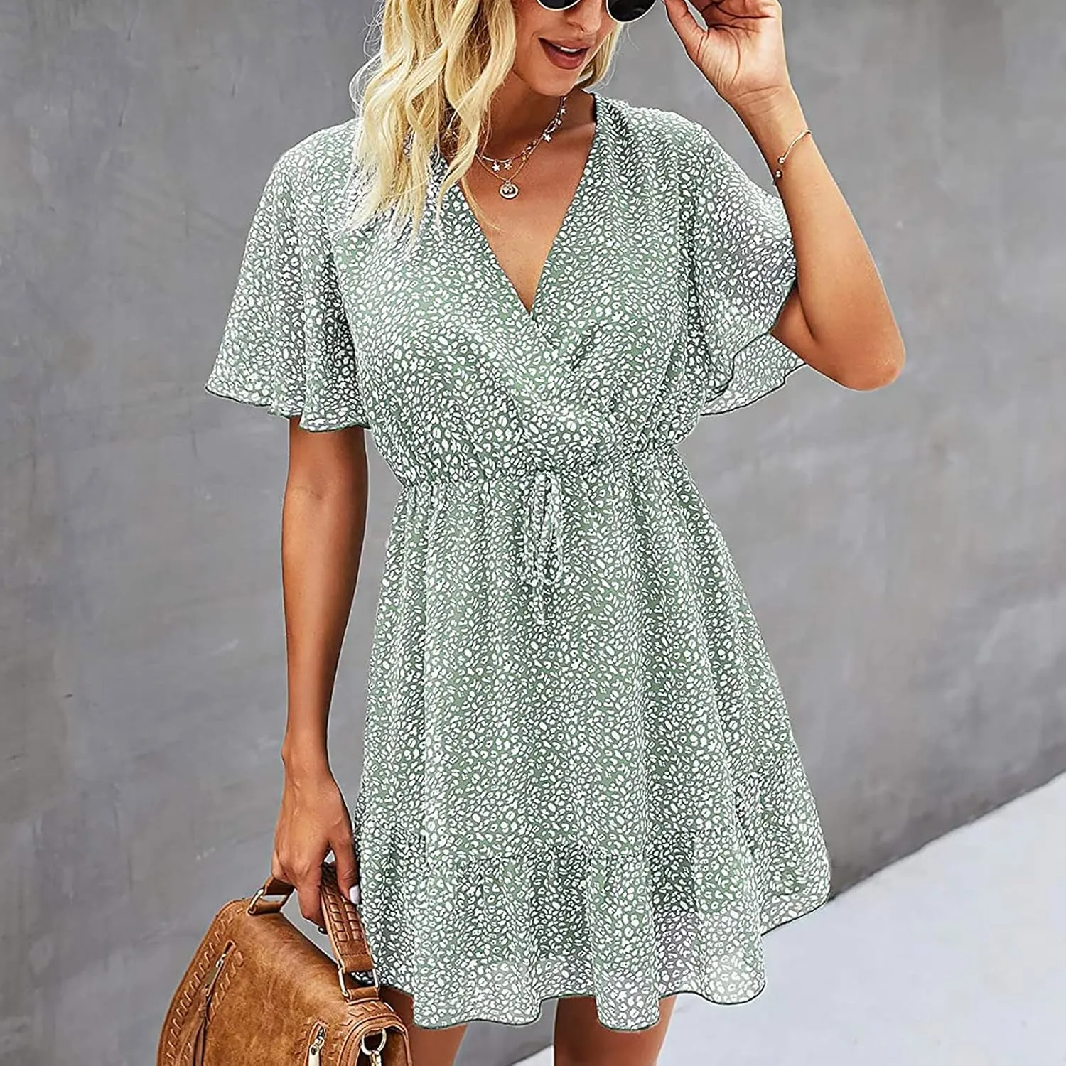MINGXIN Women's Casual Mini Dress Ruffle Floral Print Relaxed Fit Swing Dress Short Sleeve V Neck Belt Beach Party Dress