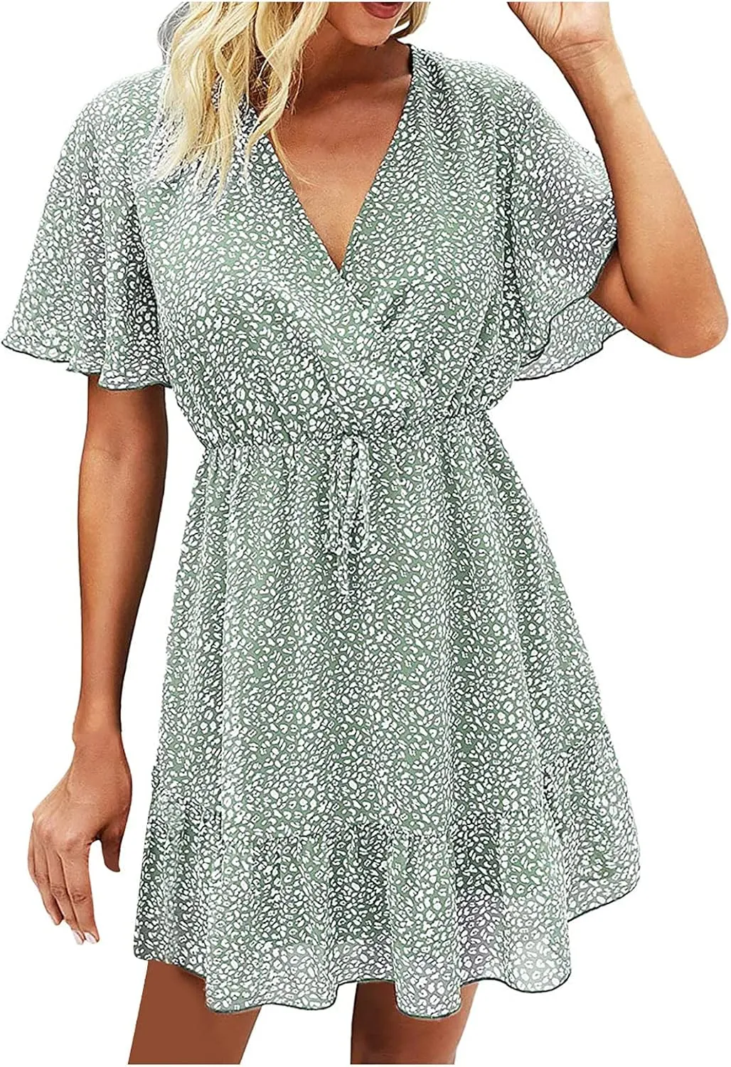 MINGXIN Women's Casual Mini Dress Ruffle Floral Print Relaxed Fit Swing Dress Short Sleeve V Neck Belt Beach Party Dress