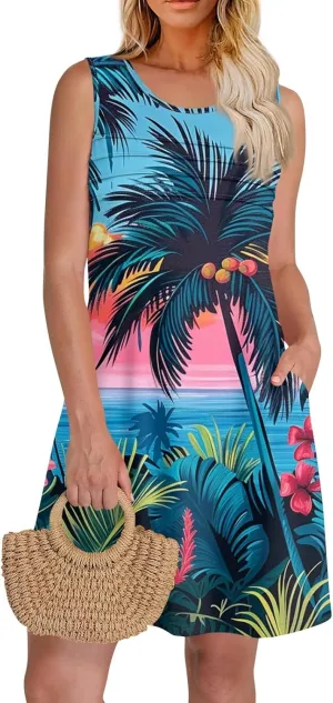 Mini Dresses for Women Pleated Floral Printed Tank Dress Trendy Hawaiian Sun Dresses Casual Beach Summer Sundress