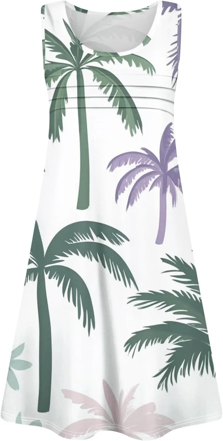 Mini Dresses for Women Pleated Floral Printed Tank Dress Trendy Hawaiian Sun Dresses Casual Beach Summer Sundress