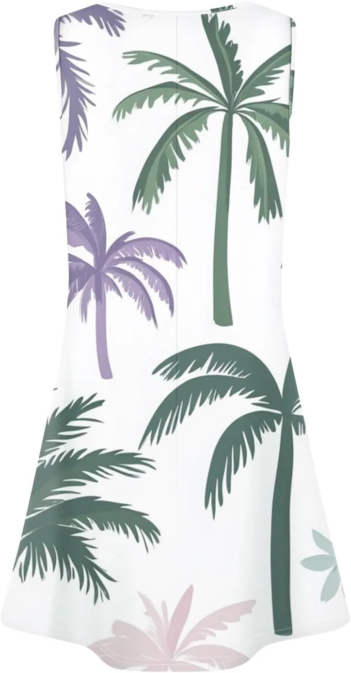 Mini Dresses for Women Pleated Floral Printed Tank Dress Trendy Hawaiian Sun Dresses Casual Beach Summer Sundress