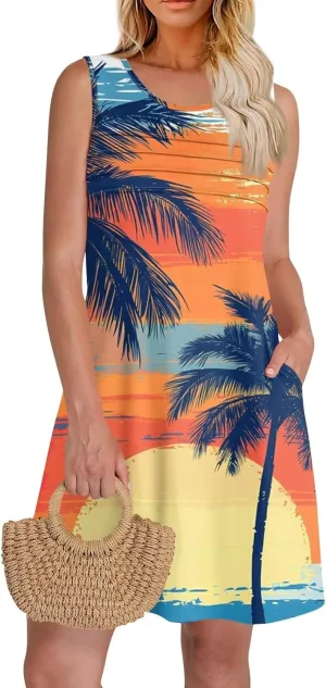Mini Dresses for Women Pleated Floral Printed Tank Dress Trendy Hawaiian Sun Dresses Casual Beach Summer Sundress