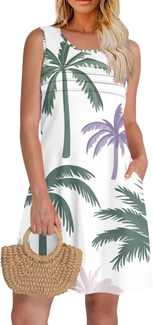 Mini Dresses for Women Pleated Floral Printed Tank Dress Trendy Hawaiian Sun Dresses Casual Beach Summer Sundress