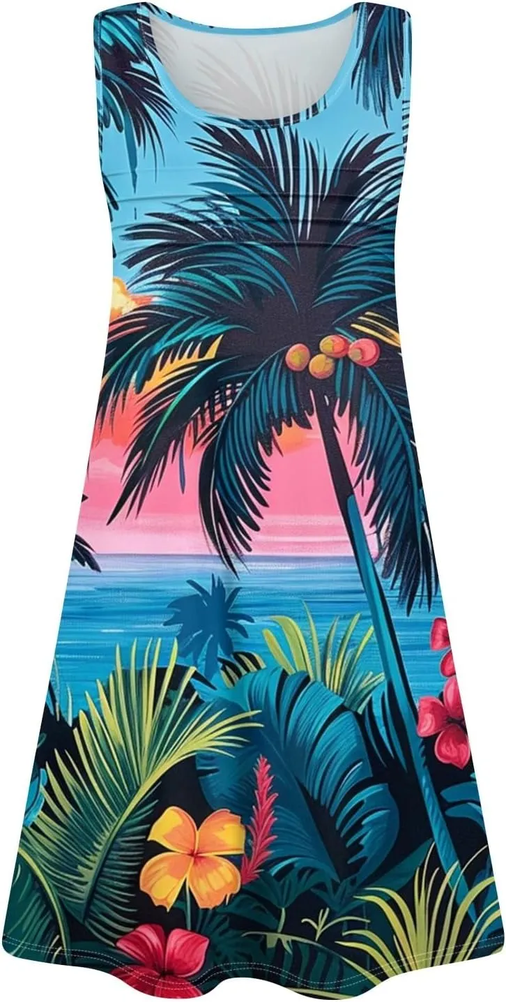 Mini Dresses for Women Pleated Floral Printed Tank Dress Trendy Hawaiian Sun Dresses Casual Beach Summer Sundress