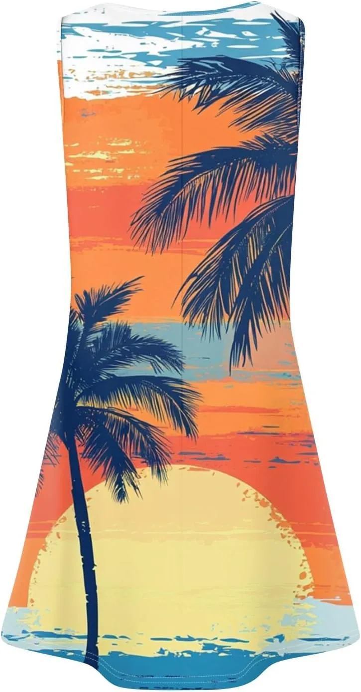 Mini Dresses for Women Pleated Floral Printed Tank Dress Trendy Hawaiian Sun Dresses Casual Beach Summer Sundress