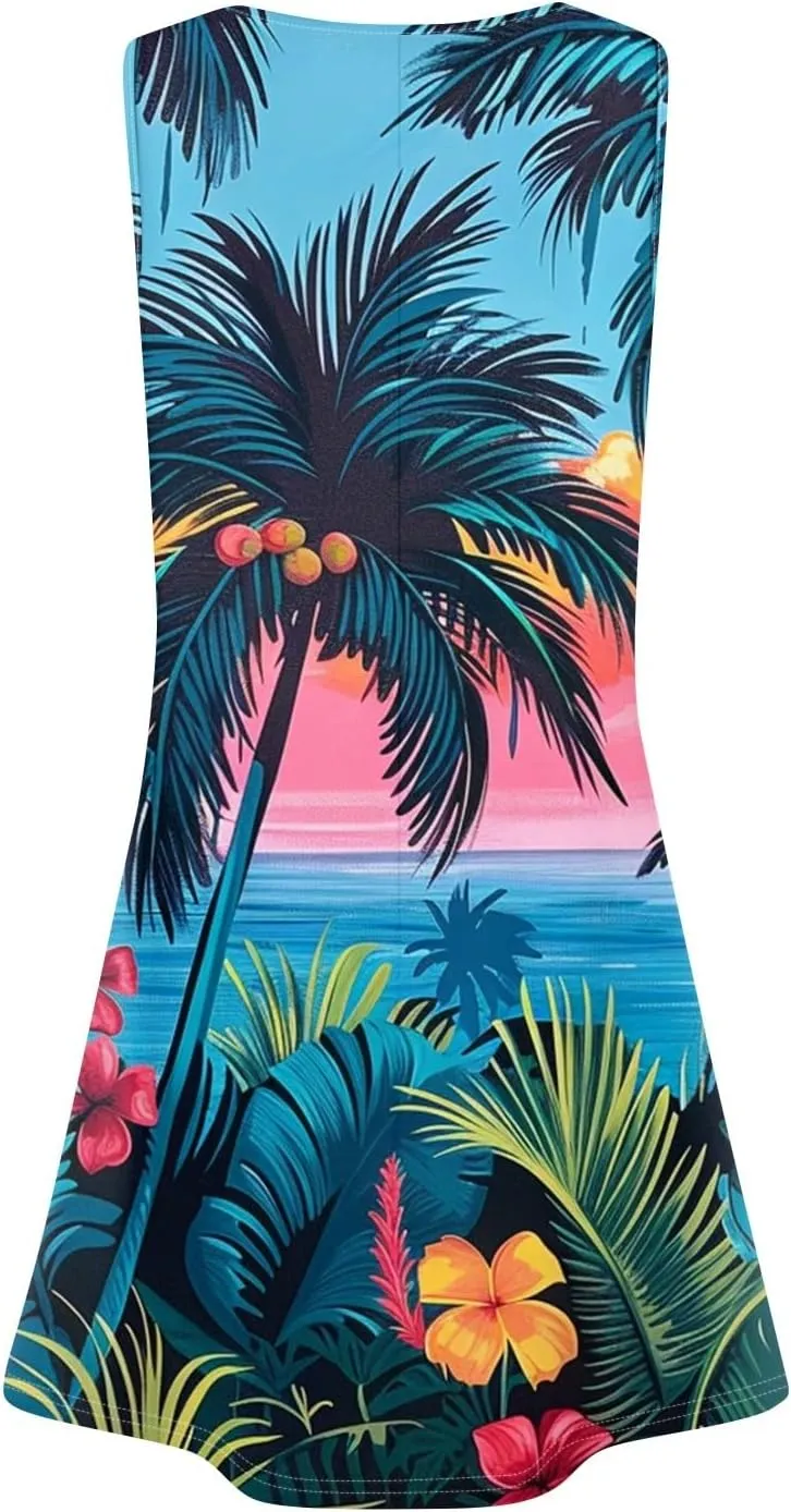 Mini Dresses for Women Pleated Floral Printed Tank Dress Trendy Hawaiian Sun Dresses Casual Beach Summer Sundress