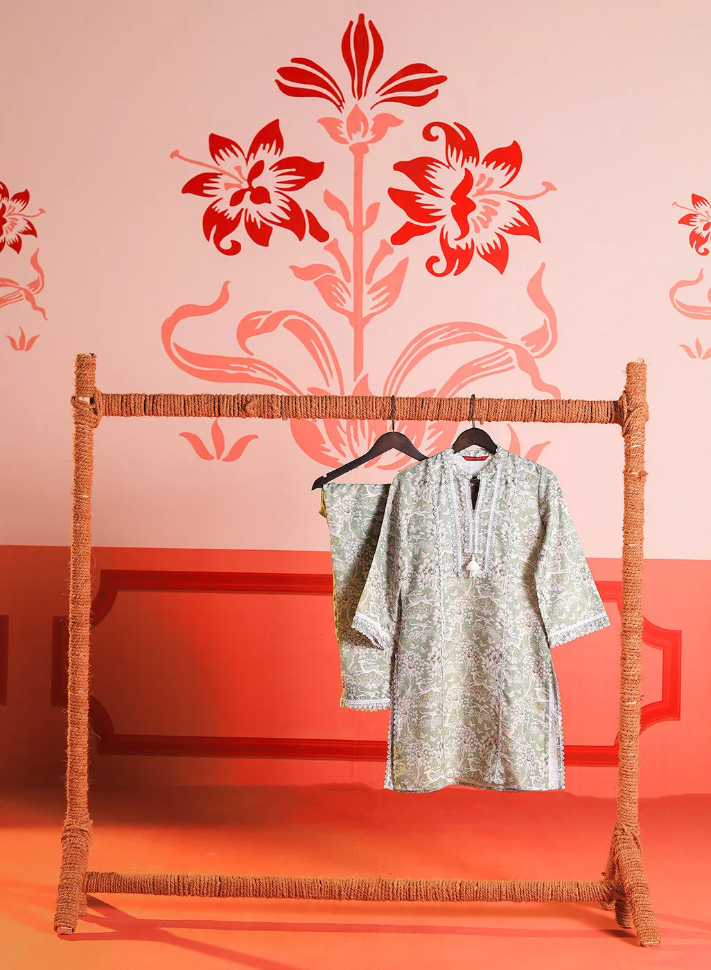 Misbah Basil Green Printed Cotton Linen Kurta Set for Women
