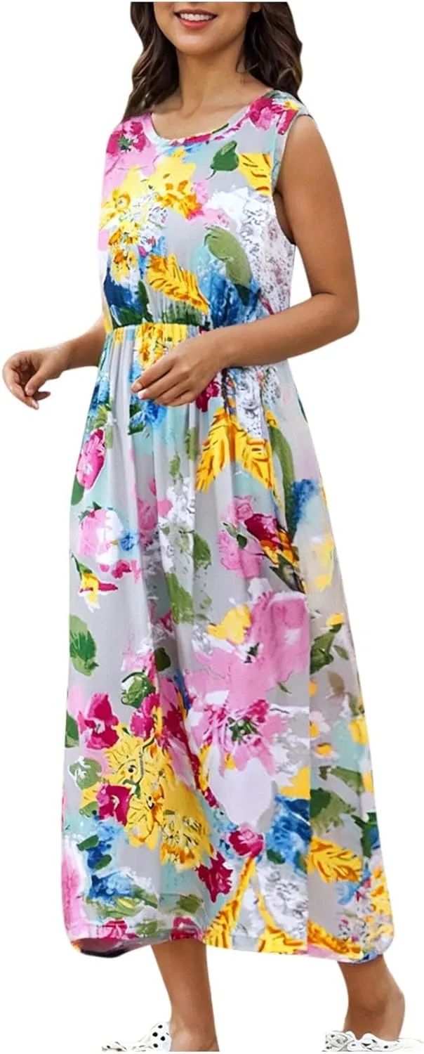 Mommy and Me Family Matching Dresses Summer Floral Print Dress Ruffle A-Line Flowy Beach Sundresses Sleeveless Dress