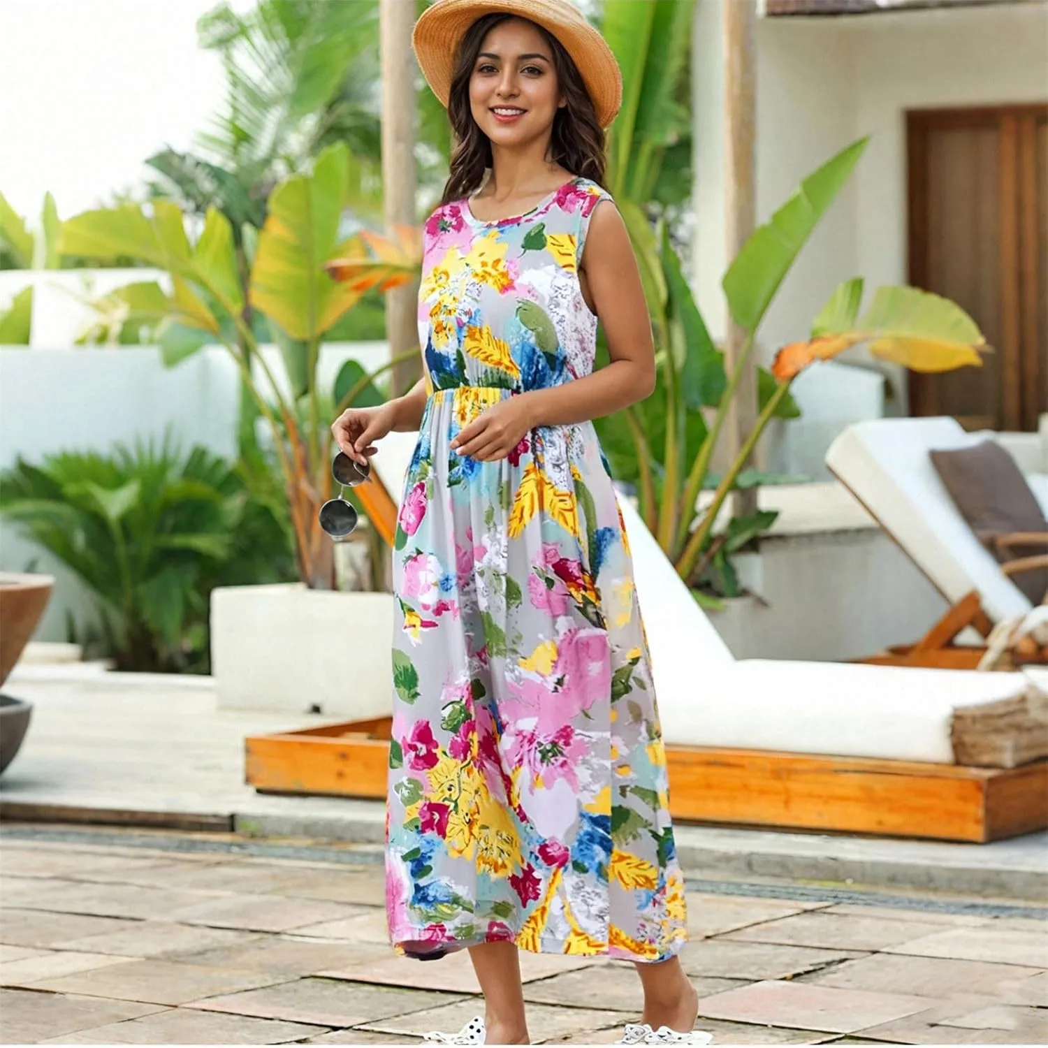 Mommy and Me Family Matching Dresses Summer Floral Print Dress Ruffle A-Line Flowy Beach Sundresses Sleeveless Dress