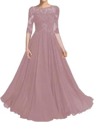 Mother of The Bride Dresses A-line Long Lace Bodice Applique Chiffon Formal Dress Evening Dresses 3/4 Sleeves Gown Black