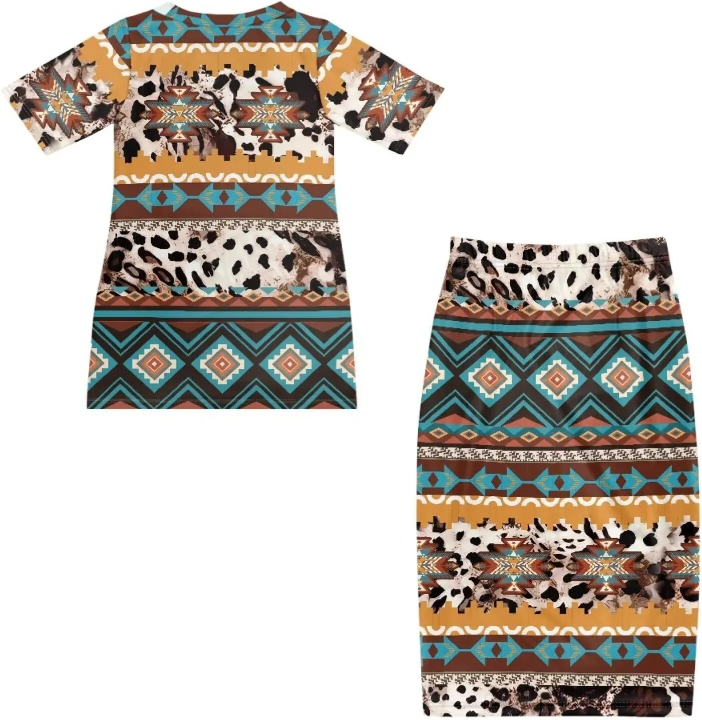 Native American Pattern Summer Dresses for Women 2 Piece Outfits Short Sleeve Top Elastic Waist Maxi Skirt Set