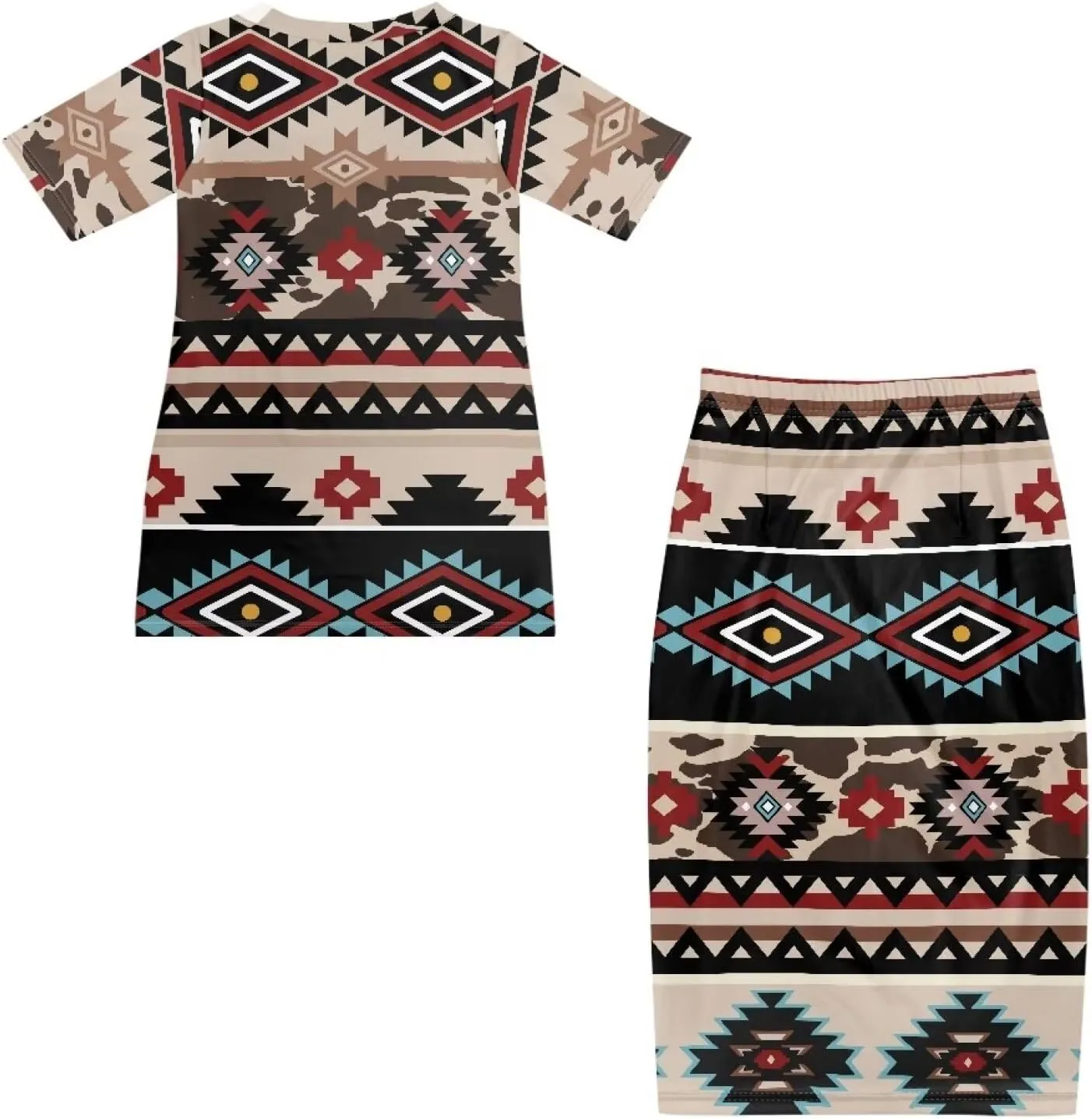 Native American Pattern Summer Dresses for Women 2 Piece Outfits Short Sleeve Top Elastic Waist Maxi Skirt Set