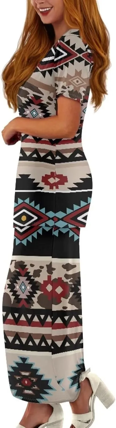 Native American Pattern Summer Dresses for Women 2 Piece Outfits Short Sleeve Top Elastic Waist Maxi Skirt Set