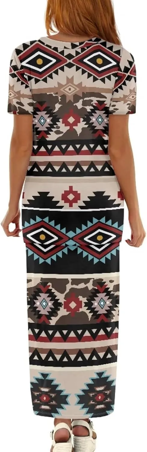 Native American Pattern Summer Dresses for Women 2 Piece Outfits Short Sleeve Top Elastic Waist Maxi Skirt Set
