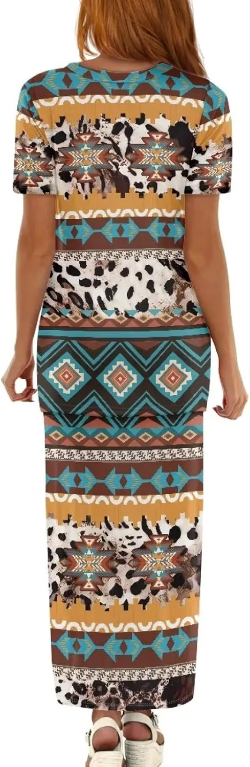 Native American Pattern Summer Dresses for Women 2 Piece Outfits Short Sleeve Top Elastic Waist Maxi Skirt Set