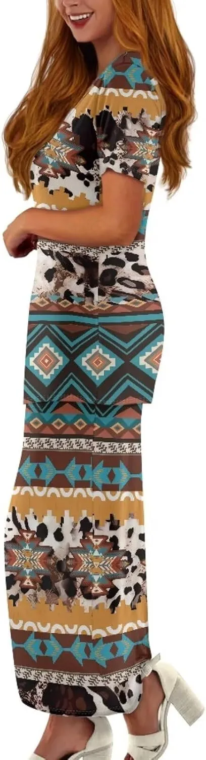 Native American Pattern Summer Dresses for Women 2 Piece Outfits Short Sleeve Top Elastic Waist Maxi Skirt Set