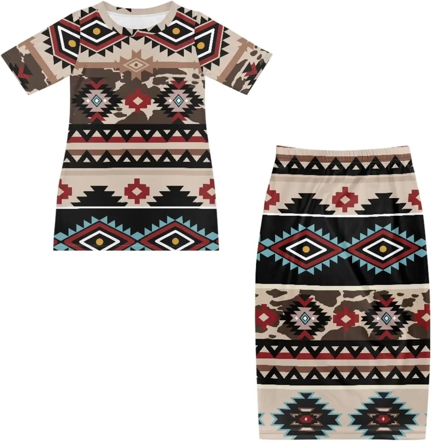 Native American Pattern Summer Dresses for Women 2 Piece Outfits Short Sleeve Top Elastic Waist Maxi Skirt Set