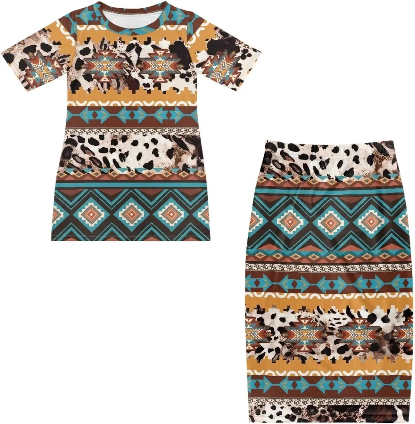 Native American Pattern Summer Dresses for Women 2 Piece Outfits Short Sleeve Top Elastic Waist Maxi Skirt Set