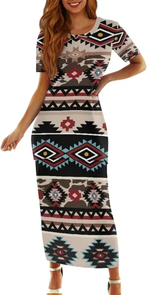 Native American Pattern Summer Dresses for Women 2 Piece Outfits Short Sleeve Top Elastic Waist Maxi Skirt Set
