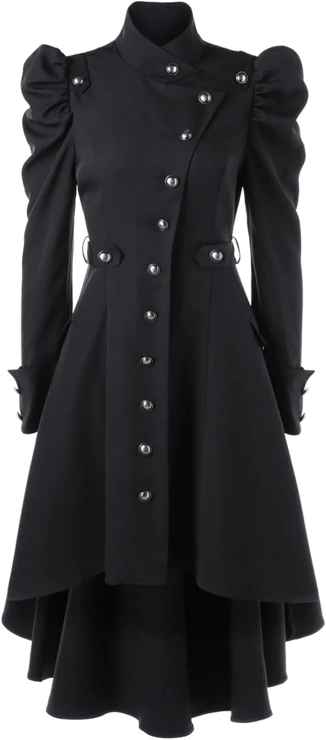 Nihsatin Vintage Womens Steampunk Victorian Swallow Tail Long Trench Jacket Black