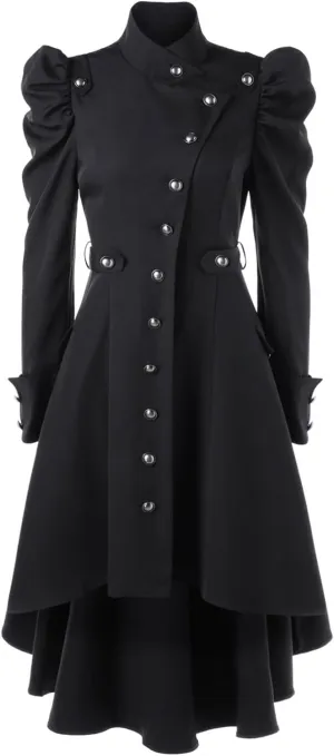Nihsatin Vintage Womens Steampunk Victorian Swallow Tail Long Trench Jacket Black