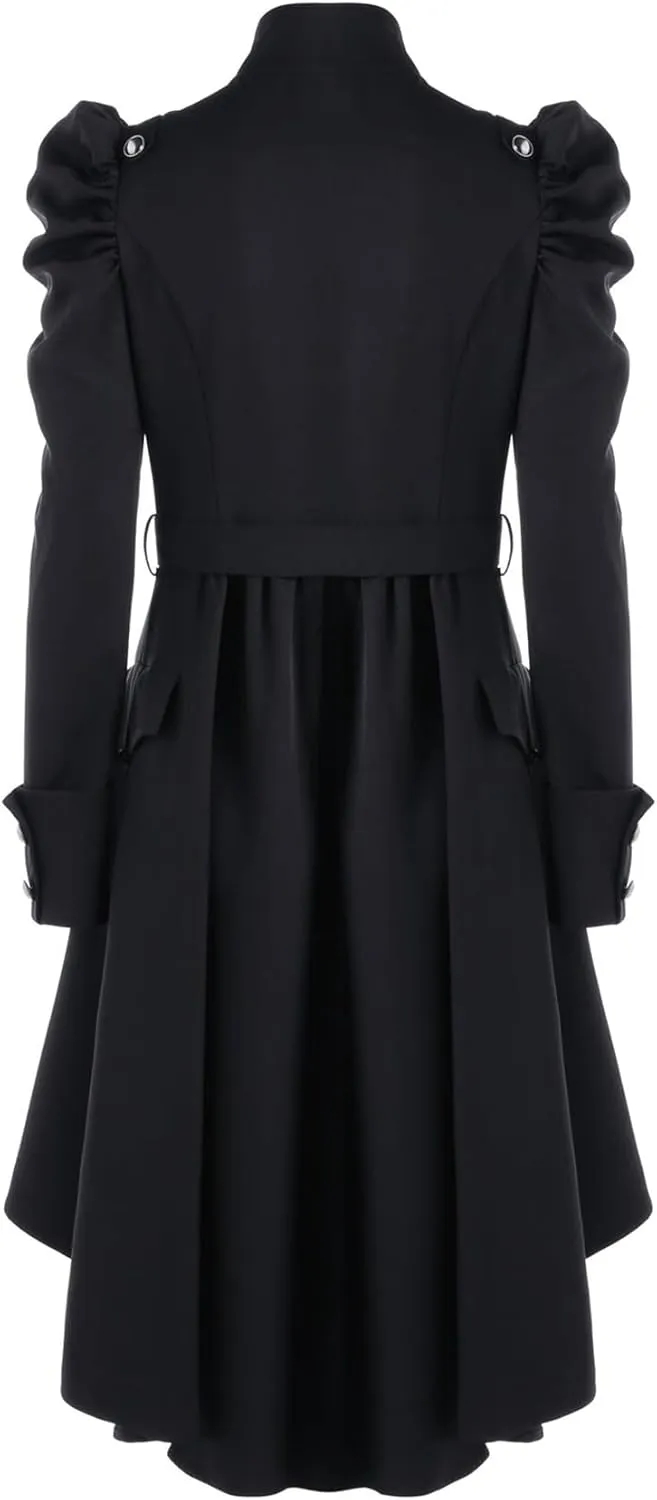 Nihsatin Vintage Womens Steampunk Victorian Swallow Tail Long Trench Jacket Black