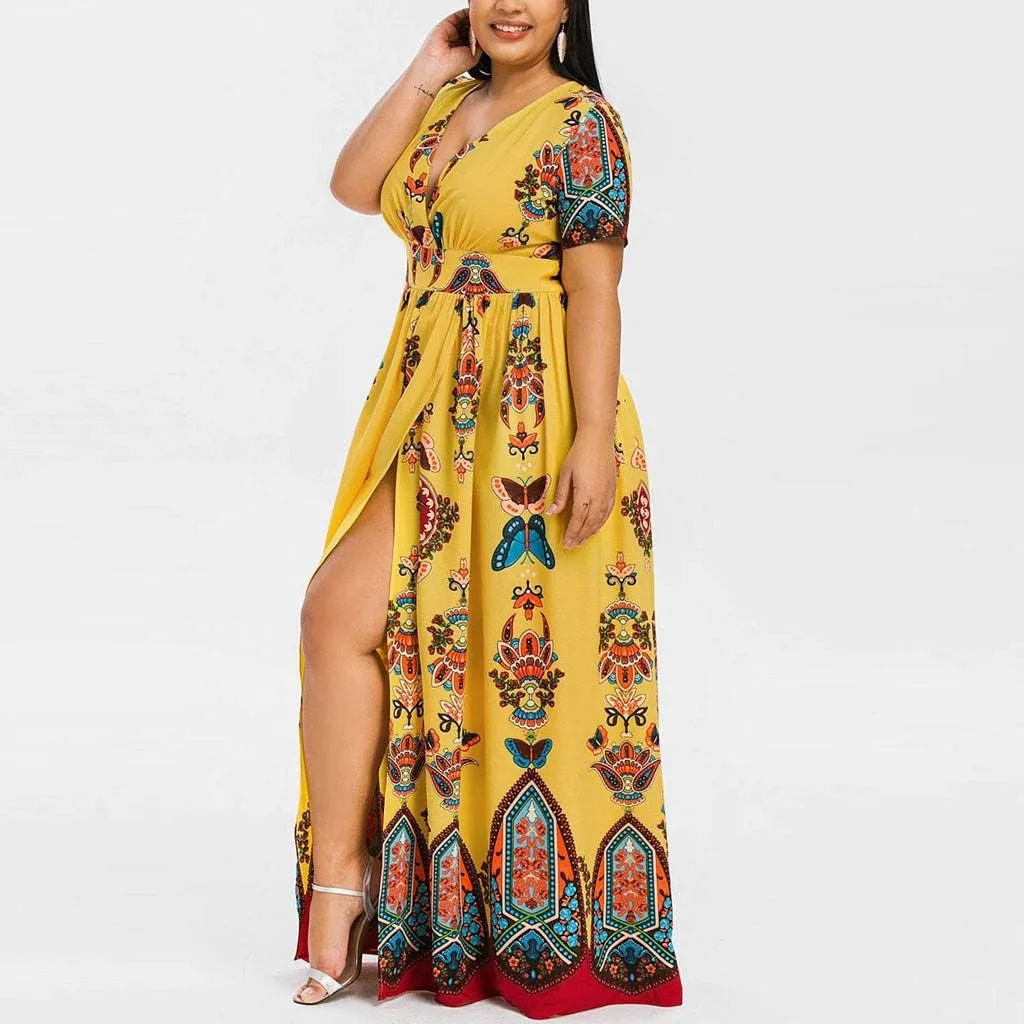 Ollysqiar Dresses Women's 2023 Floral Summer Dress Wrap V Neck Short Sleeve Belted Ruffle Hem A-Line Bohemian Dresses A02 21