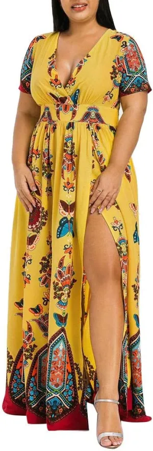 Ollysqiar Dresses Women's 2023 Floral Summer Dress Wrap V Neck Short Sleeve Belted Ruffle Hem A-Line Bohemian Dresses A02 21