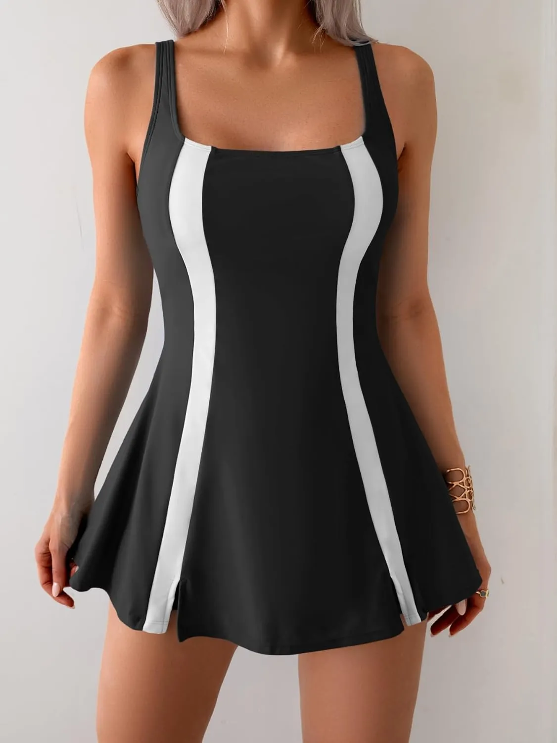 One Piece Swimdress Tummy Control Swimsuit for Women Color Block Bathing Suit Skirt Modest Swim Dress