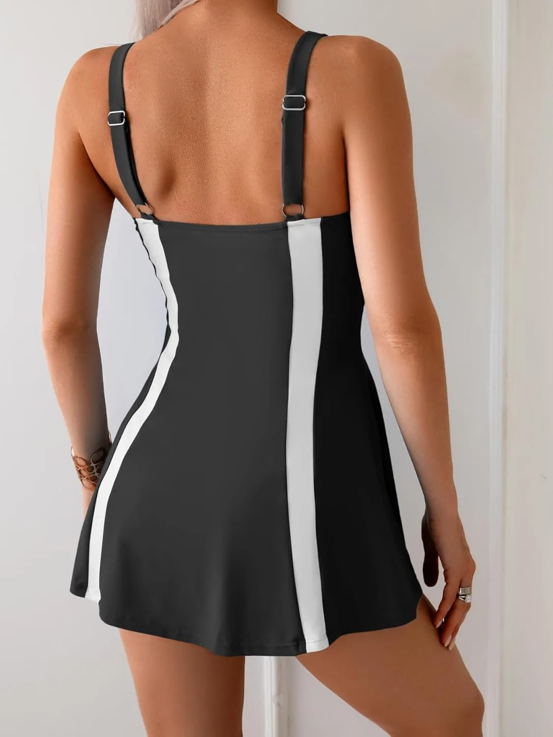 One Piece Swimdress Tummy Control Swimsuit for Women Color Block Bathing Suit Skirt Modest Swim Dress