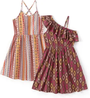 PATPAT Girls Summer Beach Dress Boho Hawaiian Floral One Shoulder Sundress Pack of 2 Size 3-10 Years