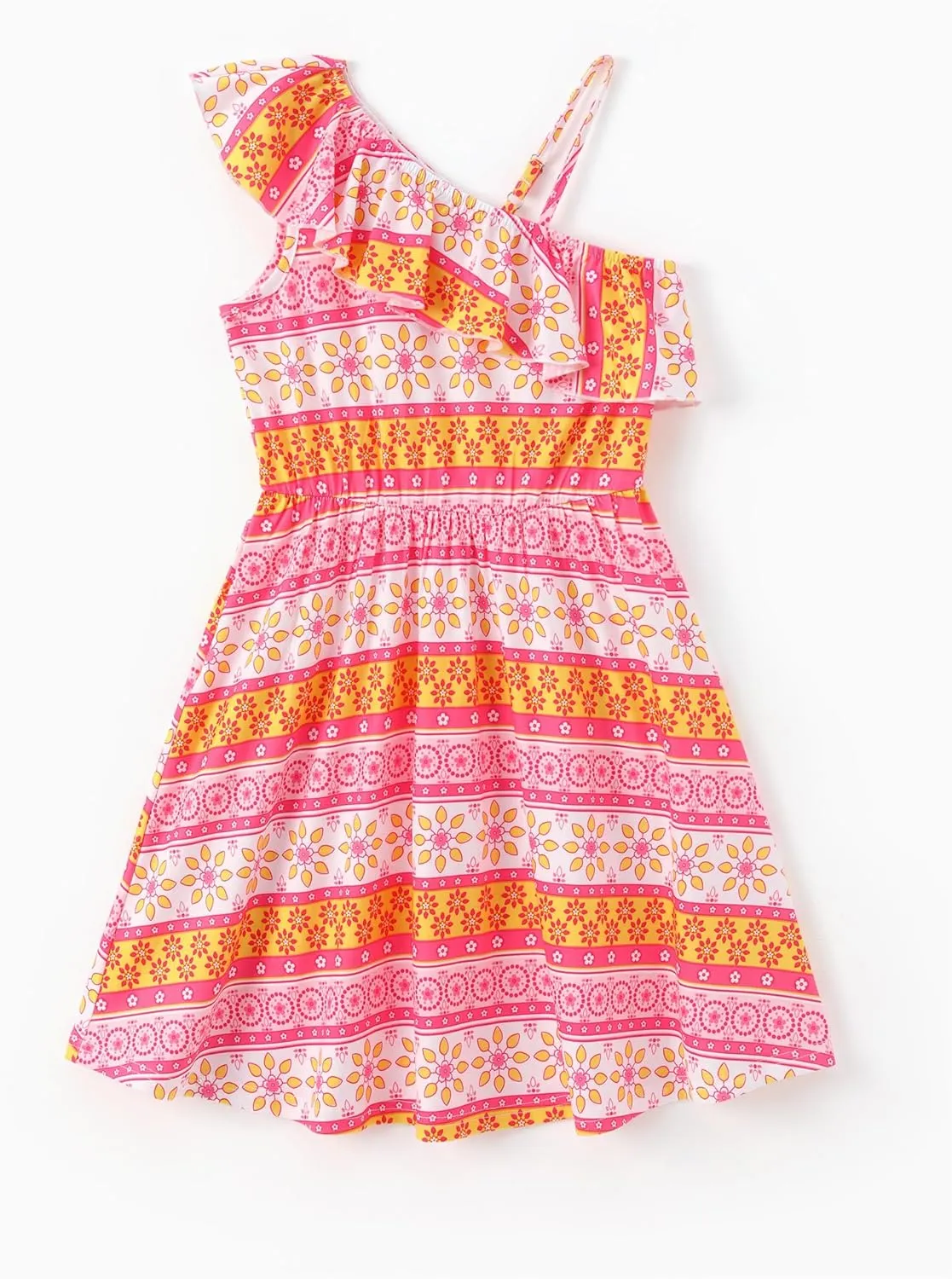 PATPAT Girls Summer Beach Dress Boho Hawaiian Floral One Shoulder Sundress Pack of 2 Size 3-10 Years