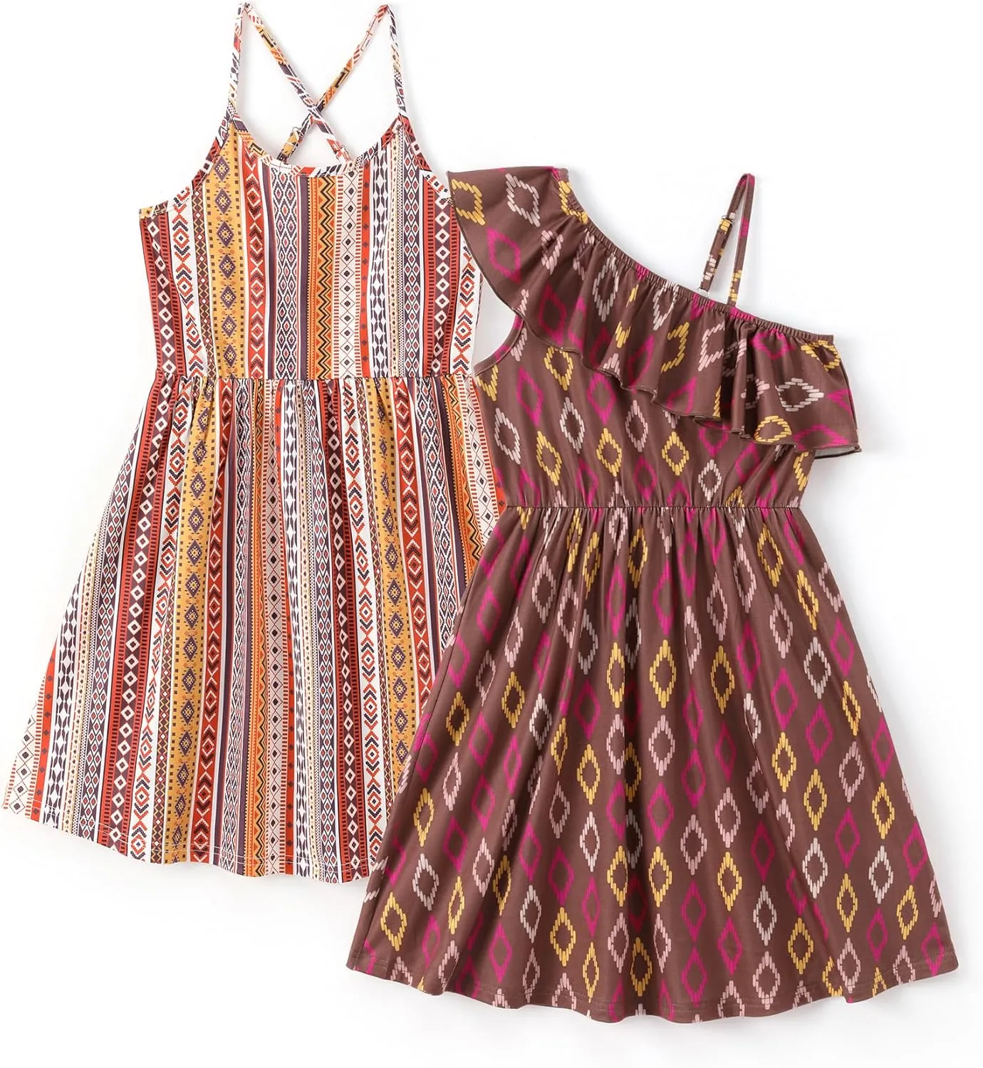PATPAT Girls Summer Beach Dress Boho Hawaiian Floral One Shoulder Sundress Pack of 2 Size 3-10 Years