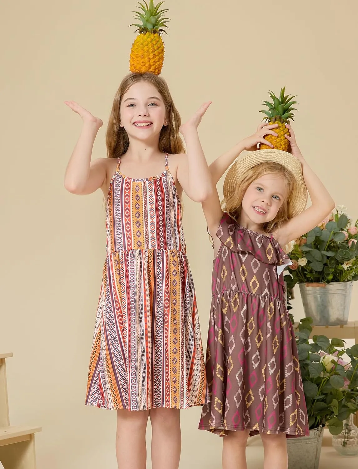 PATPAT Girls Summer Beach Dress Boho Hawaiian Floral One Shoulder Sundress Pack of 2 Size 3-10 Years